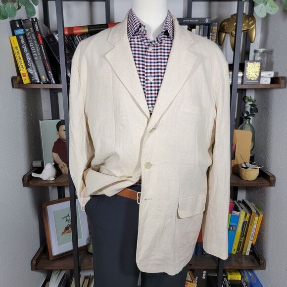 Andrew Fezza Men's Sport Coat Blazer Three Button Beige Linen‎ Blend Size XL - Picture 1 of 16